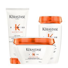 Kérastase Nutritive Bain Satin Riche High Nutrition Rich Shampoo 250ml, Lait Vital 200ml and Masquintense Riche 200ml Pack