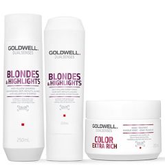 Goldwell Dual Senses Blonde & Highlights Anti-Yellow Shampoo 250ml, Conditioner 200ml and 60 Second Treatment 200ml Pack