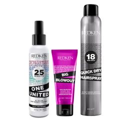 Redken One United Elixir 150ml, Big Blowout Heat Protectant Jelly Gel Serum 100ml & Quick Dry Hairspray 400ml Pack