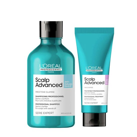 L'Oreal Professionnel Serie Expert Scalp Advanced Anti-Dandruff Dermo-Clarifier Shampoo for scalps with dandruff and visible flakes 300ml and Serie Expert Scalp Advanced Anti-Discomfort Hair Treatment for sensitive scalps 200ml Duo