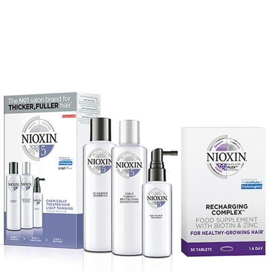 Nioxin 3-Part System Kit 5 for Chemically Treated Hair with Light Thinning Plus Recharging Supplements