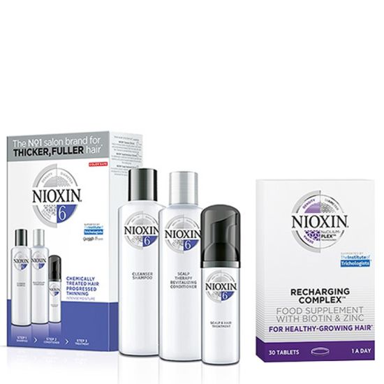 Nioxin 3-Part System Kit 6 for Chemically Treated Hair with Progressed Thinning Plus Recharging Supplements